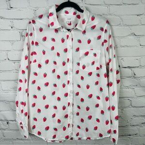 J. Crew White and Red Strawberry Print button down Long Sleeve Size (XL) Shirt
